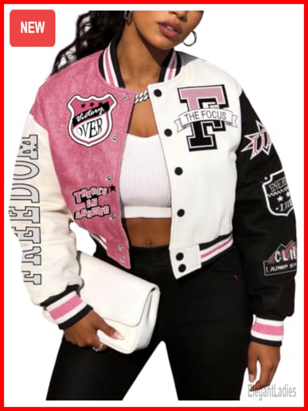 Women's Cropped Letterman Varsity Jacket Cotton Blend Snap Front Casual